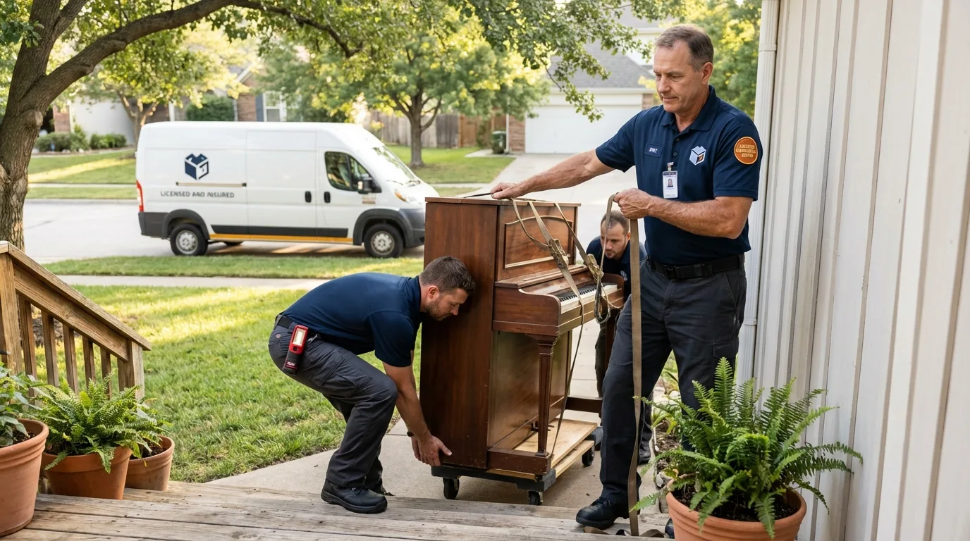 Licensed piano movers securing grand piano in Scott Air Force Base, IL