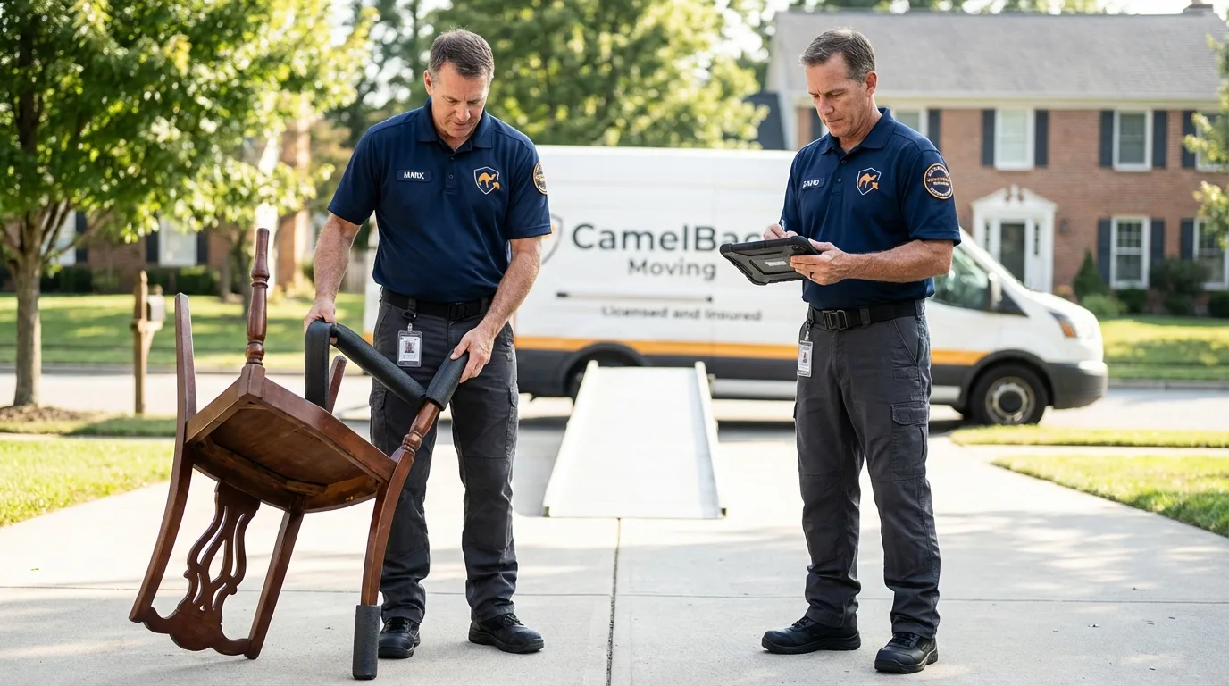 Movers inspecting furniture for damage prevention before loading in Scott Air Force Base, IL