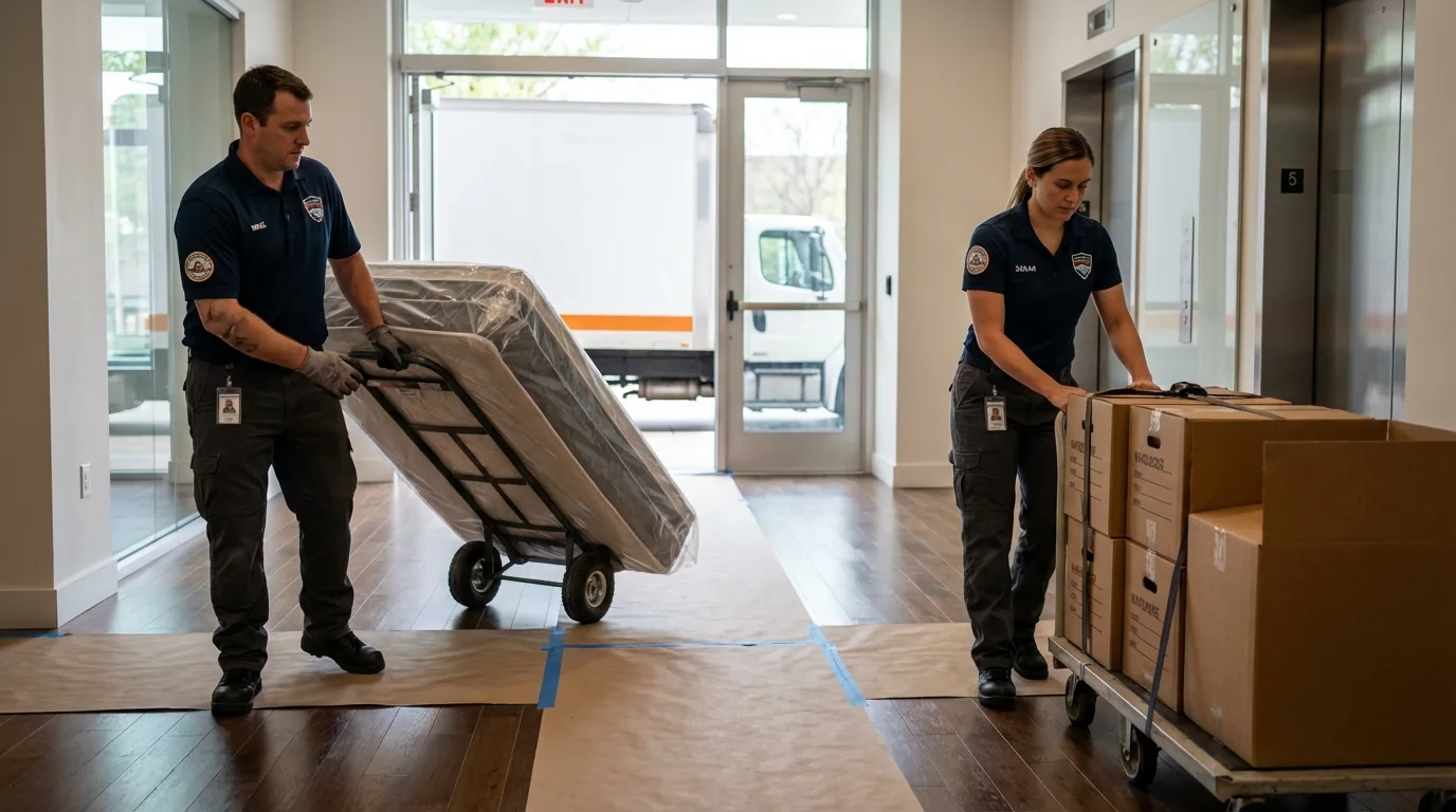 Professional apartment movers loading elevator in Scott Air Force Base, IL