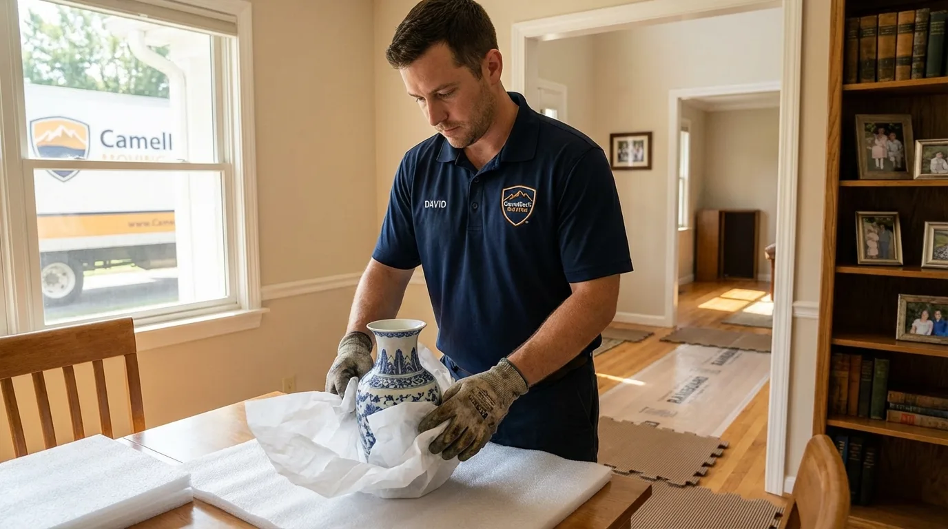 Professional crew carefully wrapping antique vase for senior downsizing move in Scott Air Force Base, IL